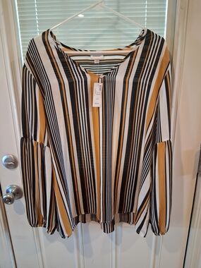 Striped V-Neck Long Sleeve Blouse - Mustard/Black/White